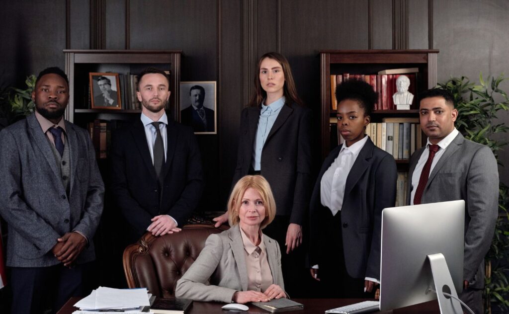 Legal team meeting at their office.
